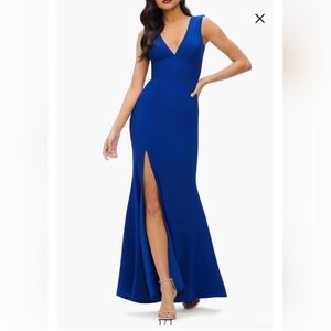 DRESS THE POPULATION Sandra Plunge Gown Dress Electric Blue Crepe Size XL